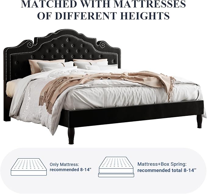 Allewie King Bed Frame with Adjustable Velvet Tiara Headboard, Upholstered Diamond Button Tufted Platform Bed, Wood Slats Support, No Box Spring Needed, Mattress Foundation, Easy Assembly, Black