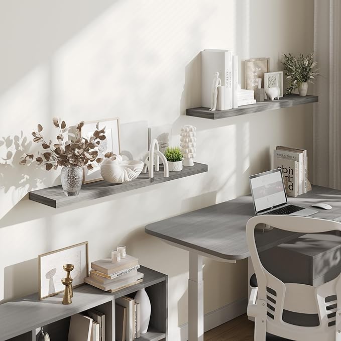 BAMEOS Floating Shelves, Walnut Wall Mounted Wooden Shelves with Invisible Brackets Set of 2, Hanging Wall Shelves Decoration for Bedroom, Bathroom, Living Room and Kitchen