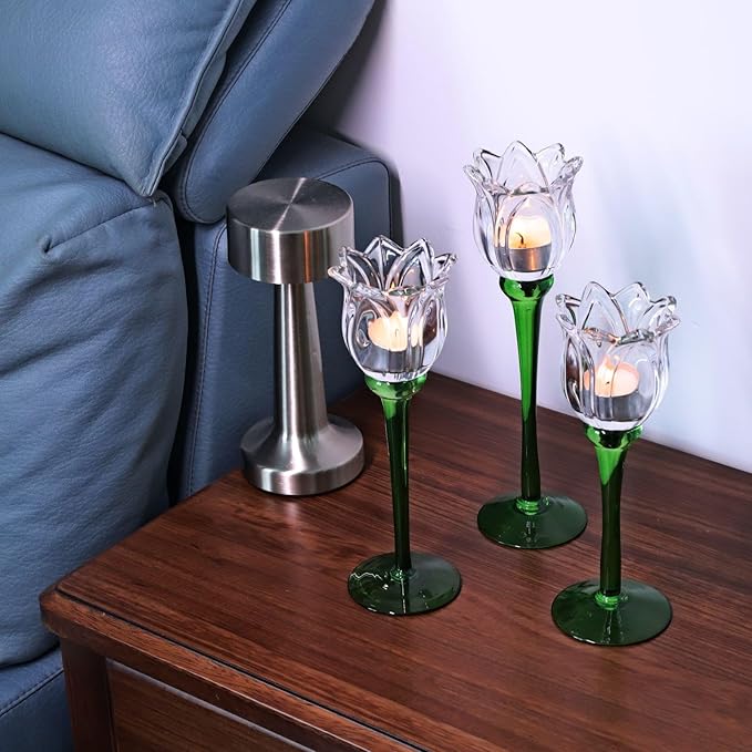 VOHO Tulips Glass Clear Candle Holder Decor for Home Living Room, 3pcs Varying Heights Tealight Candle Holder Wedding Centerpieces for Tables, White Flower Tall Votive Candle Holders Gifts for Friends