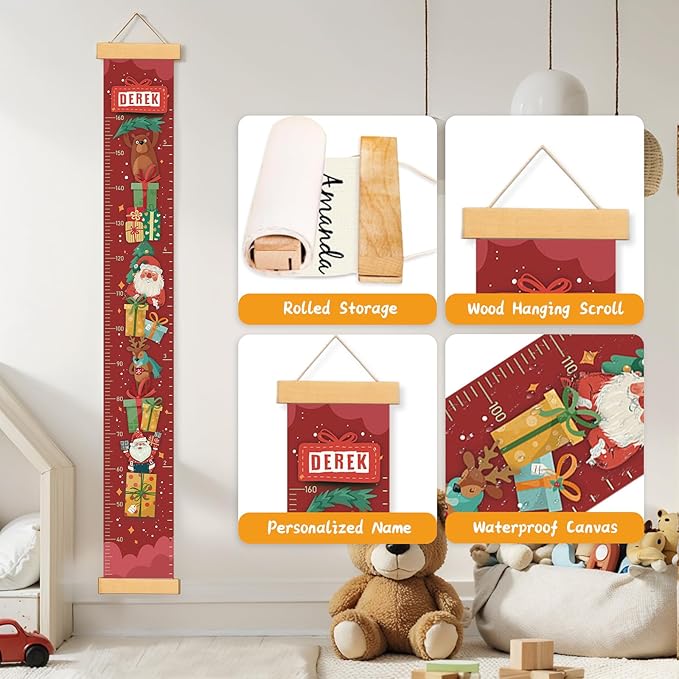 Personalized Name Growth Chart Wall Decor for Kids – Canvas Removable Height Chart Measuring Ruler 59" x 7.9" (Santa Claus Gifts)