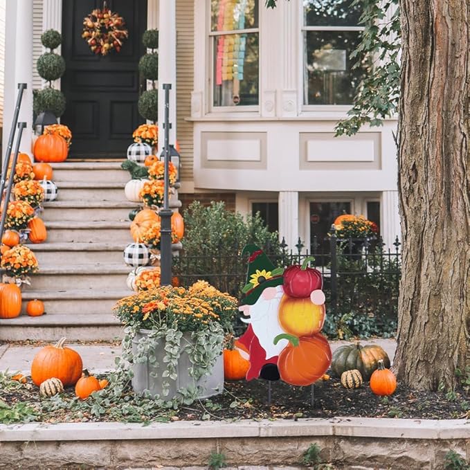 YEAHOME Fall Decorations Outdoor, Metal Gnome with Pumpkin Decorative Garden Stakes for Fall Decor, Autumn Yard Signs for Home Outside Garden Lawn Porch, Thanksgiving Decorations Outdoor (YHMD-476)