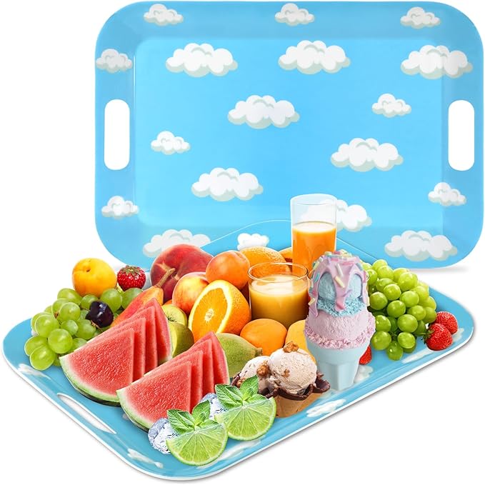 2Pcs Sky White Cloud Serving Trays with Handles 16 x 11 Inch Large Melamine Tray Cartoon Story Serving Platters, Toy Inspire Game Birthday Party Supplies for Serving Food Outdoor Dinner Dessert Plates