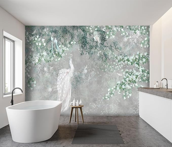 '-Green Leaf Botanical Peacock Fabric Wallpaper Wallpaper Living Room Bedroom Bathroom Grey Plant Large Wall Mural- 137"x96"( not Peel and Stick)