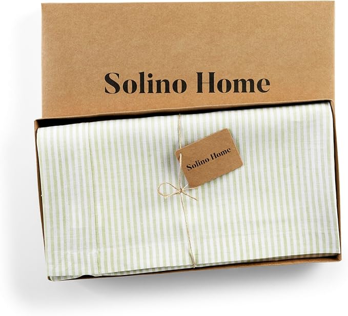 Solino Home Linen Tablecloth 60 x 108 Inch - Narrow Stripe 100% Pure Linen Sage and White Table Cloth for Rectangle Tables - Machine Washable Tablecloth for Fall, Autumn, Thanksgiving