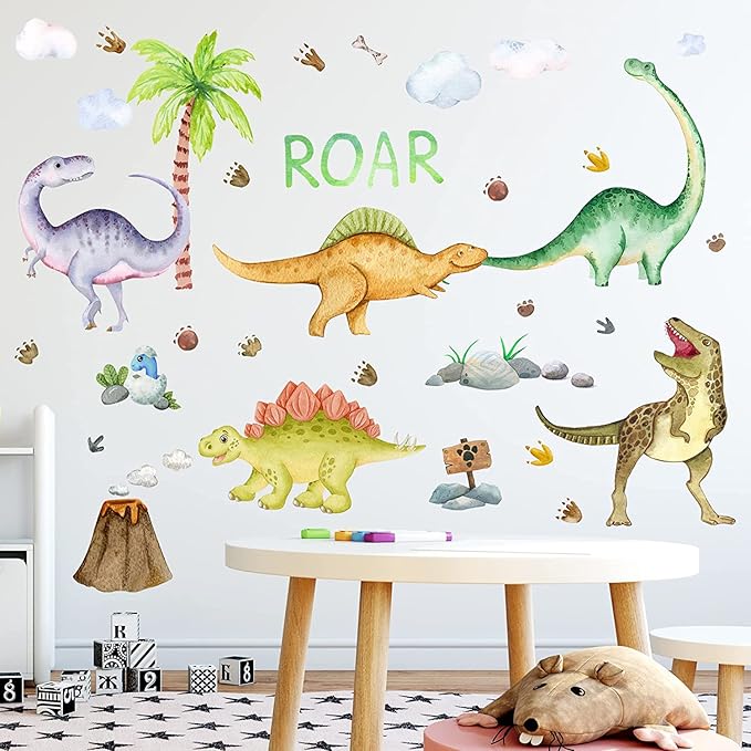Dinosaur Wall Decals Glow in The Dark Dinosaur Wall Stickers Watercolor Dinosaur Decal Large Removable Vinyl Dino Wall Decals for Boys Bedroom Kids Girls Baby Nursery Playroom Living Room Wall Decor