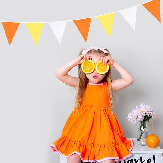 32Ft Orange Yellow White Triangle Flag Fabric Banner Pennant Garland Bunting Streamer for Fall Decor Autumn Wedding Birthday Sunshine Groovy Party Thanksgiving Day Outdoor Garden Hanging Decorations