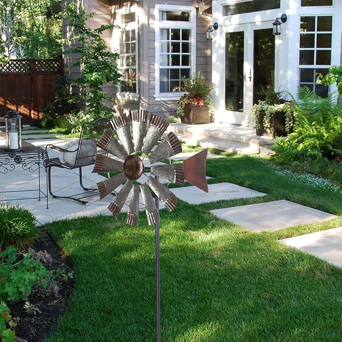 Wind Spinners Outdoor,Metal Vintage Style Single Sided Silver Windmill Kinetic Wind Spinner for Outdoor Garden Patio Yard Decor,Diameter 13 Inches