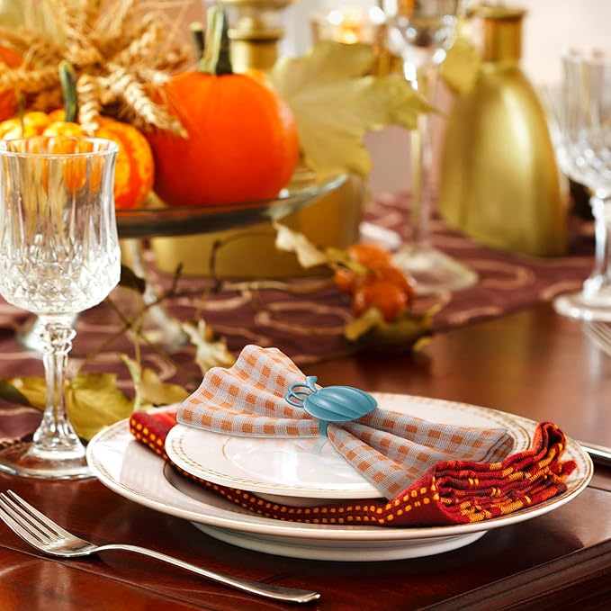 Patelai 12 Pieces Pumpkin Napkin Rings Fall Napkin Holders Thanksgiving Halloween Dinner Tables Rings for Thanksgiving Dinner Party Weddings Family Gatherings (Blue)