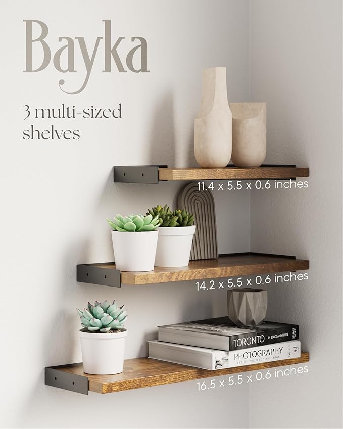 BAYKA Wall Shelves for Bedroom Decor, Floating Wall Shelves for Living Room Kitchen Storage, Wall Mounted Rustic Wood Floating Shelves for Kids Books, Corner Shelf for Bathroom(Rustic Brown,Set of 4)