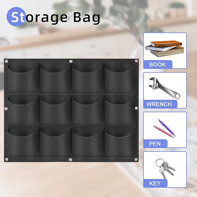 12 Pockets Hanging Planter Bags, Hanging Vertical Wall Mounted Plant Planting Grow Bags, Herb Garden Planter Outdoor Indoor Growing Bag, Gardening Vertical Greening Flower Container(0.6m×0.8m, Black)