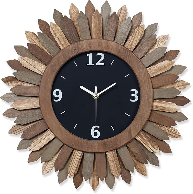 Honiway 16 Inch Wall Clocks, Rustic Wood Boho Sunburst Decorative Wall Clock Battery Operated Silent Non Ticking Farmhouse Large Wall Clocks for Living Room Kitchen Bedroom Home Decor (Tricolor)