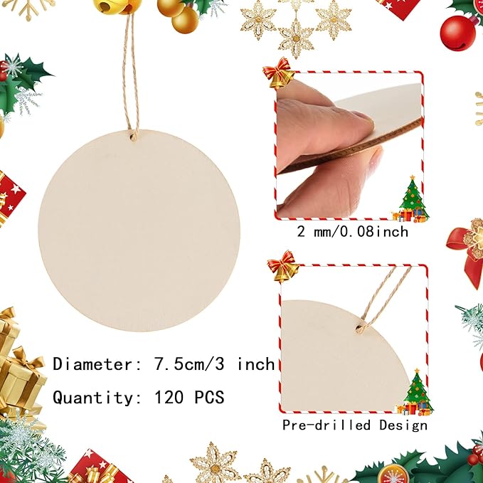 120 Pcs 3 Inch Unfinished Rounds Wooden Circles with Holes Wooden Tags Round Wood Discs Cutouts for Crafts Natural Blank Wood Circle Ornaments Hanging Tags for DIY Crafts, Painting, Christmas Decor