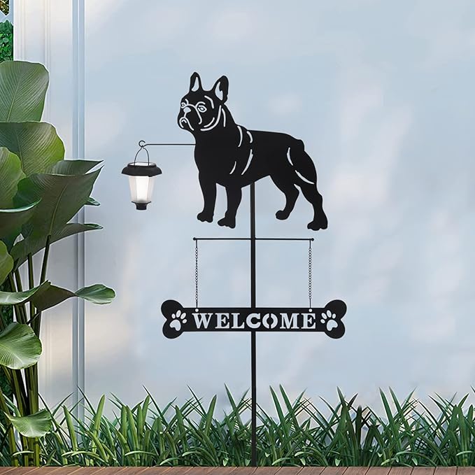 BAYN Solar French Bulldog Silhouette Dog Breed Welcome Sign with a Lantern Outdoor Decorative Garden Stakes for Yard, Lawn, Patio, Pathway