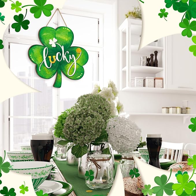 Boao St. Patrick's Day Shamrock Door Hanger Welcome Wooden Hanging Sign Lucky Irish Wood Wreath Decor for Happy St. Patrick's Day Party Front Door Wall Home Decorations