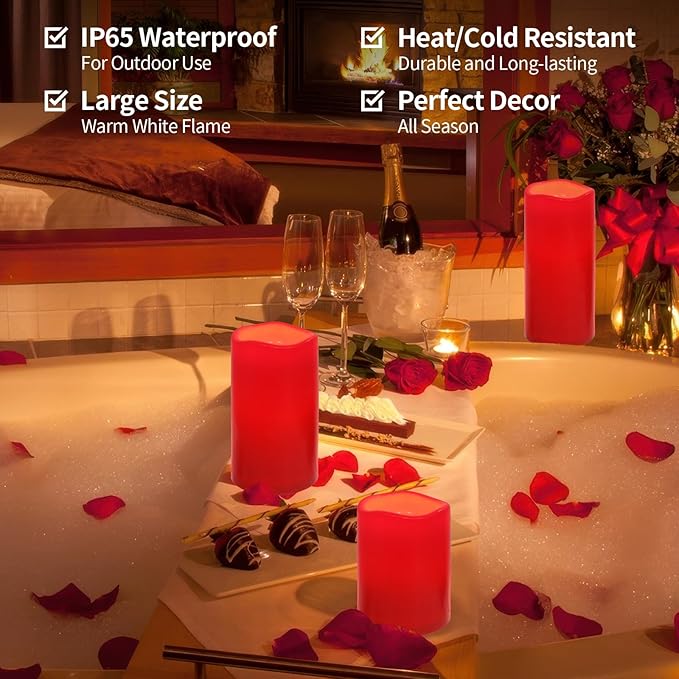 NURADA Large Waterproof Flameless Candles 6" 8" 10" x 4" - Outdoor Indoor LED Pillar Flickering Candle Battery Operated with Timer Remote for Patio Porch Christmas Decor - Red Set of 3