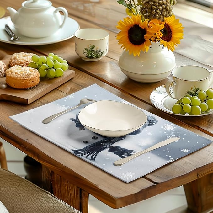 Snowman Placemats Set of 4, 12x18 Inch Winter Cute Blue Snowman Snowflake Table Mats Seasonal Christmas Holiday Washable Linen Fabric Place Mats for Farmhouse Party Kitchen Dining Decor