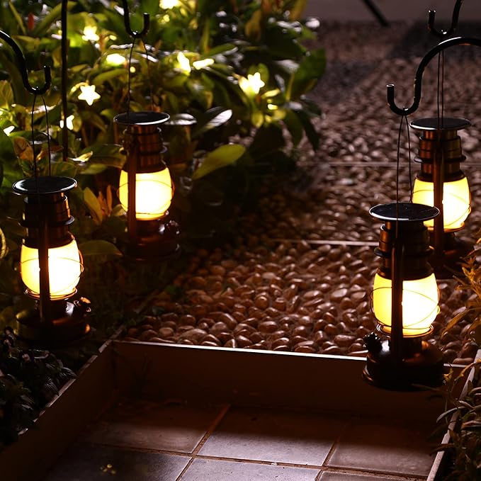2 Pack Solar Hanging Lantern Outdoor, Solar Powered, Auto On/Off Waterproof LED Flame Umbrella Vintage Lights for Garden, Patio, Yard, Flickering Flameless Candle Mission Lights for Table, Party