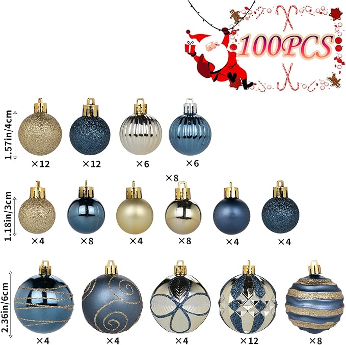 100Pcs Christmas Balls Ornaments Set, Shatterproof Christmas Decorations with Hand-held Gift Package for Xmas Tree/Holiday/Wedding/Holiday/Party Decor (Blue & Gold)