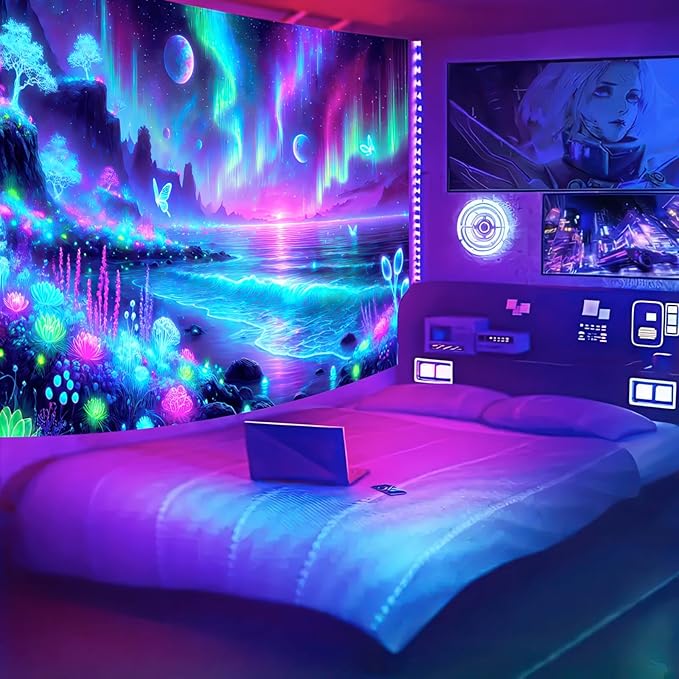 BlissYard Blacklight Fantasy Forest Tapestry UV Reactive Moon Tapestry Floral Plant Jungle TapestryButterfly Galaxy Space Tapestry Nature Landscape Wall Hanging for Bedroom Living Room 51" X 78"