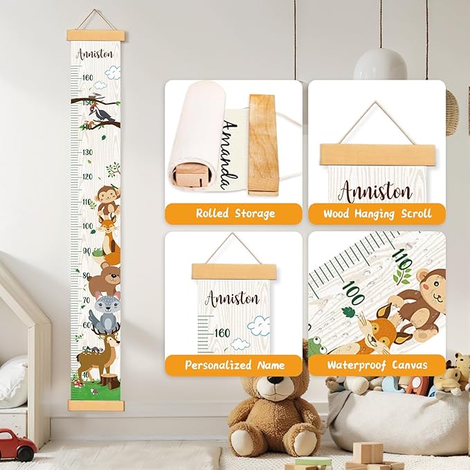 Personalized Name Growth Chart Wall Decor for Kids – Canvas Removable Height Chart Measuring Ruler 59" x 7.9" (Zoo)