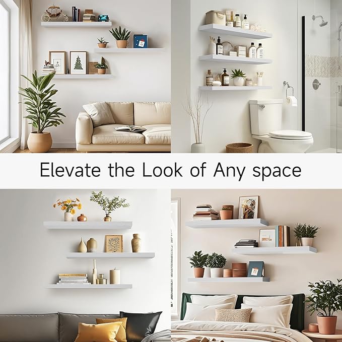 BAYKA Floating Shelves for Wall, 36 inches Wall Mounted Rustic Wood Shelves for Bathroom, Bedroom, Living Room, for Storage/Decor with 30lbs Capacity๏ผWhite,Set of 3