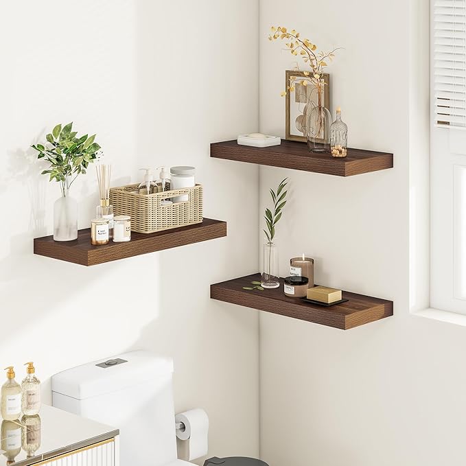 Wide Floating Shelves for Wall 12 Inch Deep, 24" X 12" X 2" Floating Shelf, 2 Inch Thick Shelf for Bathroom Bedroom Kitchen Book Room, Heavy Duty 55lbs Shelves for Farmhouse Decor Set of 2, Walnut