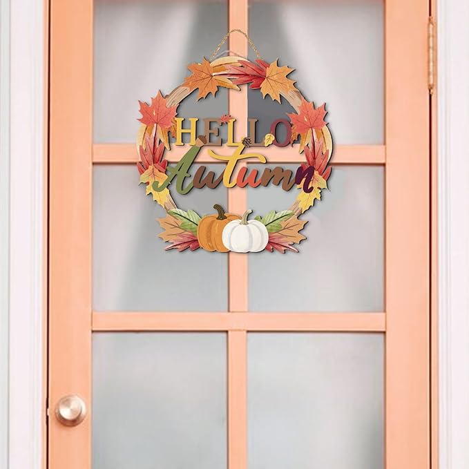 COLOR VALLEY ART Hello Autumn Wreath Sign, Fall Maple Leaf Wall Decor with Pumpkins, Rustic Wooden Thanksgiving Decoration, 11.4L''x11.4W'' (Maple Leaf Wreaths)