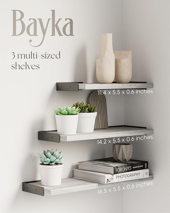 BAYKA Wall Shelves for Bedroom Decor, Floating Wall Shelves for Living Room Kitchen Storage, Wall Mounted Rustic Wood Floating Shelves for Kids Books, Corner Shelf for Bathroom(Gray White,Set of 4)