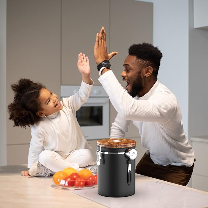 35OZ Coffee Canister for ground coffee with Date Tracker,Wood grain lid 304 Stainless Steel Kitchen Food Airtight storage container for Coffee Beans or Grounds, Tea, Sugar(35oz-grain)