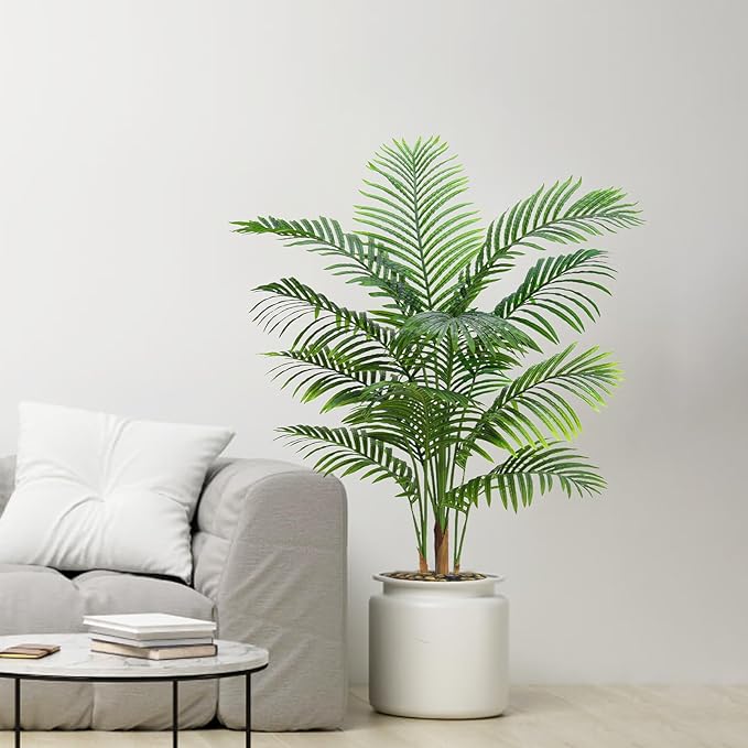 Artificial Palm Tree Indoor Plant 4FT Tall Fake Tropical Palm Tree in Pot, Real Bark Design Faux Areca Palm Tree for Home Office Living Room Bedroom Farmhouse Modern Outdoor Topiary Tree (13 Trunks)