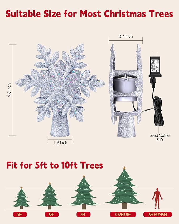 Christmas Tree Topper Lighted with Built-in Led Rotating Snowflake Projector Lights, 9.6” Hollowed Tree Topper with Silver Spangles Plug In for Indoor Home Xmas New Year Party Holiday Night Tree Decor