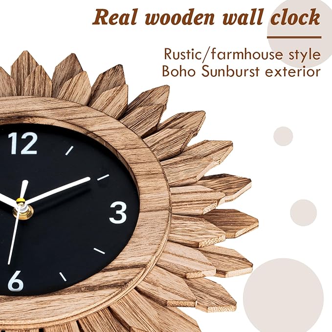 Honiway Wall Clock Battery Operated 12 in Rustic Wood Boho Sunburst Decorative Wall Clock Silent Non Ticking Farmhouse Small Wall Clocks for Living Room Kitchen Bathroom Bedroom Decor (Rustic Brown)
