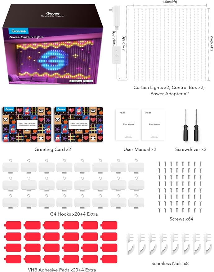 Govee Curtain Lights, Smart LED Window Lights, RGB Color Changing Wall Light, Dynamic DIY Curtain String Lights for Bedroom Holiday Decor, Outdoor IP65 Waterproof, 5 x 6.6ft, 520 RGBIC LEDs, 2 Pack