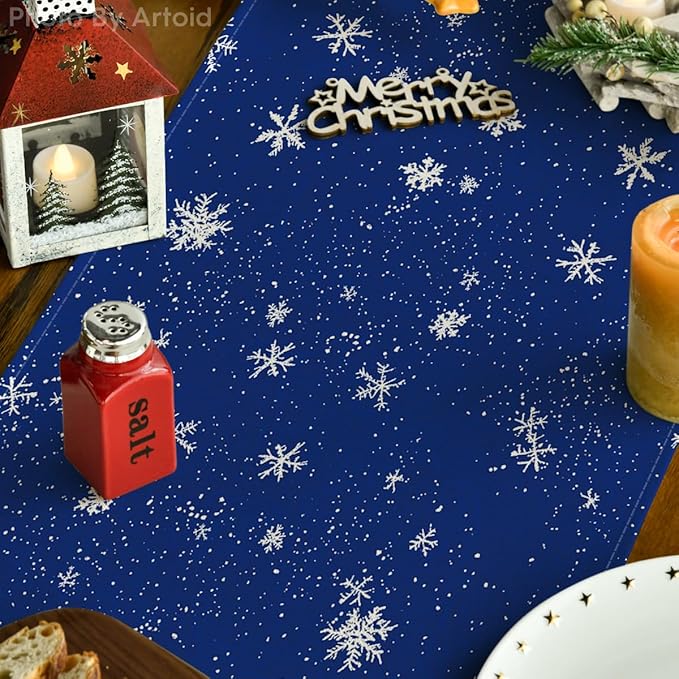 Artoid Mode Snowman Birds Trees Christmas Table Runner, Seasonal Blue Winter Holiday Kitchen Dining Table Decoration for Indoor Outdoor Home Party Decor 13 x 90 Inch