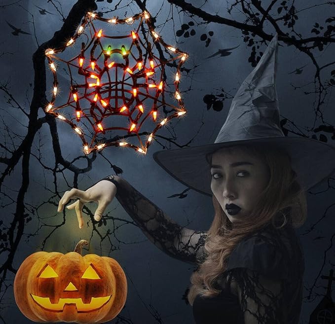 12.8" Lighted Cobweb Halloween Window Silhouette Decoration,Halloween Lighted Window Decoration,Hanging Light Up Holiday Ornament( Cobweb Light)