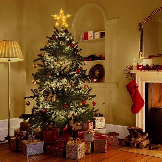 11.8 Inch LED Star Tree Topper - Gold Metal Ornament with 20 Lights for Christmas Tree Decoration