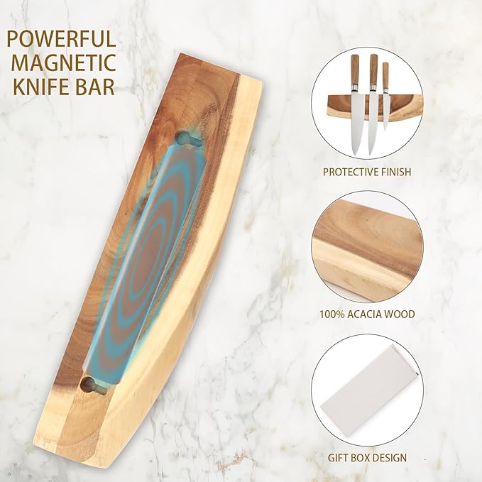 12.5 Inch Magnetic Knife Holder for Wall,Acacia Wood Knife Magnetic Strip,Knife Holder Wood Magnetic,No Drilling Knife Magnetic Strip-Strong Knife Magnet- for Kitchen Knives and Tools