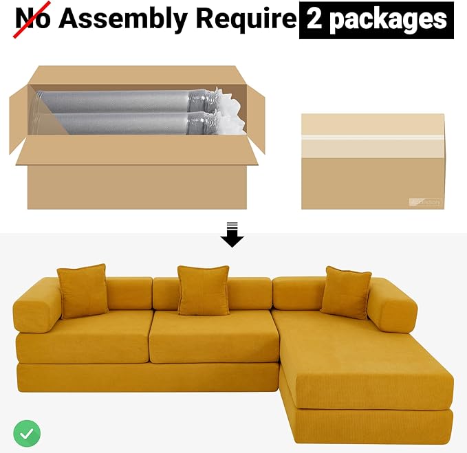 108" Oversized Convertible Sleeper Sofa Bed, Corduroy L Shape Sectional Couch, Folding Sofa Bed with Side Pocket, Modern Cloud Floor Mattress Couch, Modular Sofa for Living Room, Yellow