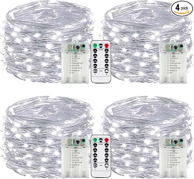 4-Pack Fairy Lights Battery Operated with Remote & Timer & 8 Modes, Waterproof 16 FT 50 LED String Lights Outdoor Indoor, Battery Twinkle Lights for Christmas Bedroom Centerpiece Décor (Cool White)