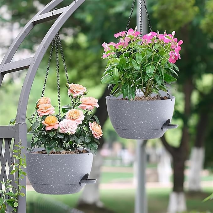 12 Inch Hanging Baskets 2 PC with Chains, Self-Watering Hanging Planters for Indoor Outdoor Plants, Plastic Hanging Flower Pots,Speckled Grey