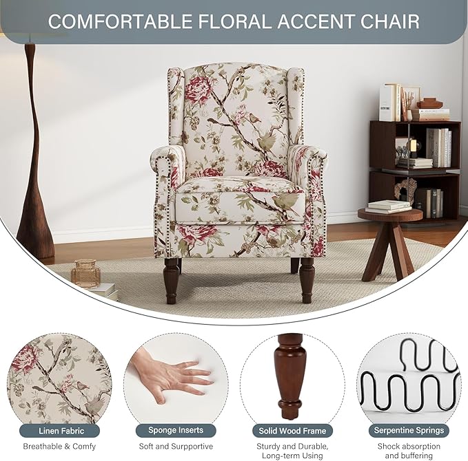 UIXE High Back Accent Chair, Wingback Upholstered Armchair in Fabric for Living Room, Retro Arm Chairs Nailhead Trim Single Sofa Bedroom Reading Seat with Solid Wood Legs - Beige Floral