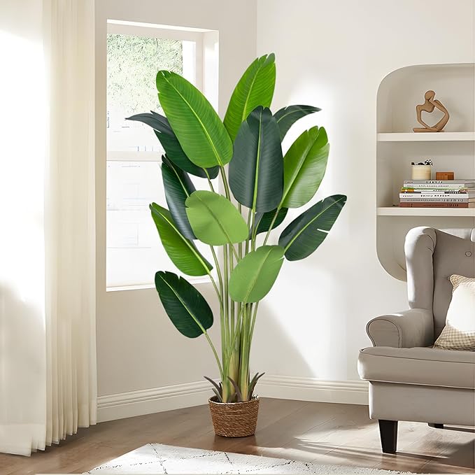 Artificial Bird of Paradise Plant 6Ft Fake Tropical Palm Tree with 13Trunks Faux Banana Leaf Trees in Pot for Home Indoor Outdoor Office Modern Decor Housewarming Gift(2Pcs)