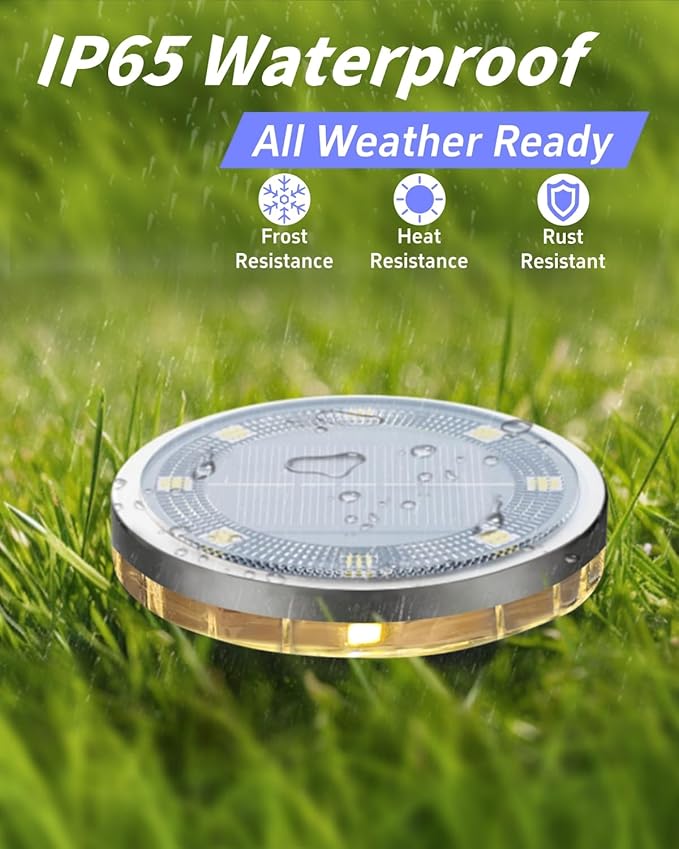 Solar Ground Lights Outdoor 18 Pack Waterproof, Upgraded Solar Garden Lights with 4 Side Light, Stainless Steel Solar Powered Disc Landscape Light for Walkway Lawn Yard Patio Deck-Warm White