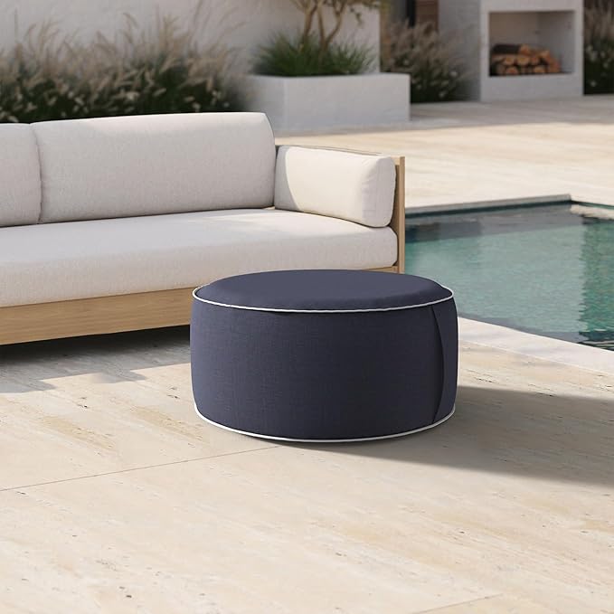 Inflatable Ottoman Stool D21 xH9 for Outdoor/Indoor Use, Water Repellent Patio Foot Rest Stool with Portable Handle,Round Pouf Ottoman Suitable for Garden,Deck and Camping - Textured Navy