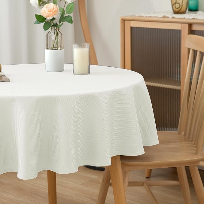 Biscaynebay Textured Fabric Tablecloths Round 60", Ivory Water Resistant Table Cloth Small Circle Folding Table Covers for Dining, Kitchen, Wedding, Parties etc. Machine Washable