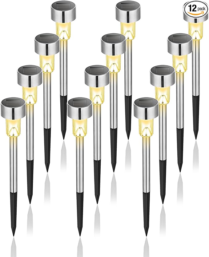 GIGALUMI Solar Lights Outdoor Waterproof, 12 Pack, Stainless Steel LED Solar Garden Lights for Patio, Lawn, Yard and Landscape, Garden Decor Patio Decor,Warm White