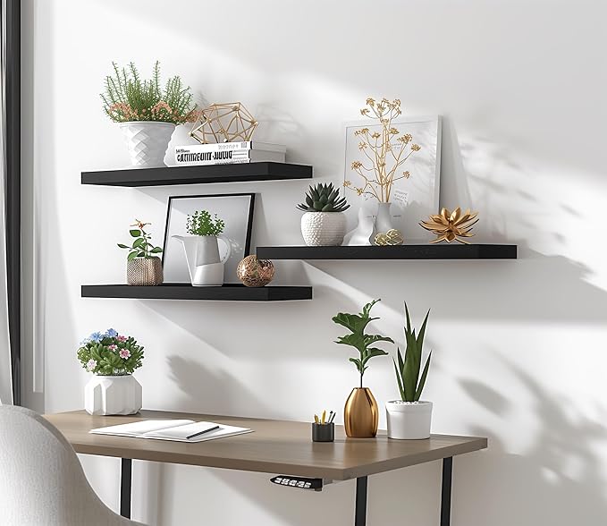 Wood Floating Shelves for Wall Decor, Rustic Wall Shelves for Bedroom Bathroom Kitchen Living Room, Set of 4 Black 24 Inch