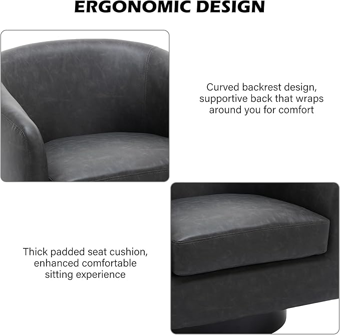 Swivel Barrel Accent Chair, Modern Round Faux Leather Arm Chair for Living Room, Bedroom, Comfy Club Reading Chairs for Adults(Faux Leather, Black Grey, Set of 4)