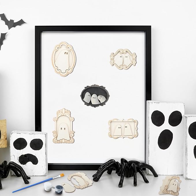 12 Set Wood Ghost DIY Frames Decorating Craft with Paint and Brush Unfinished Wooden Gift Ornaments Cute Ghost for Halloween Craft Art Party Supplies, Not Include Glue (Cute Style)