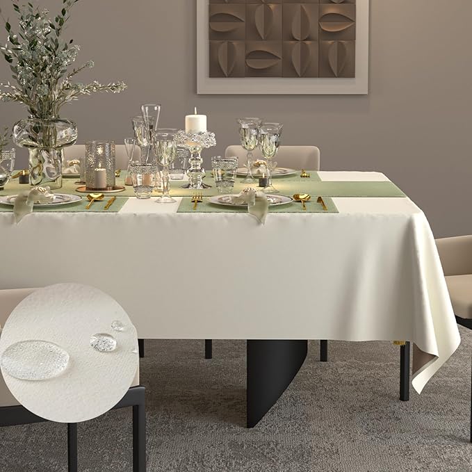 Table Cloth Rectangle Tables Decor 84''x60'' - Waterproof Plain Weave Fabric Table Cover, Wrinkle and Stain Resistant Tablecloth for Kitchen Dining Room Party - Cream